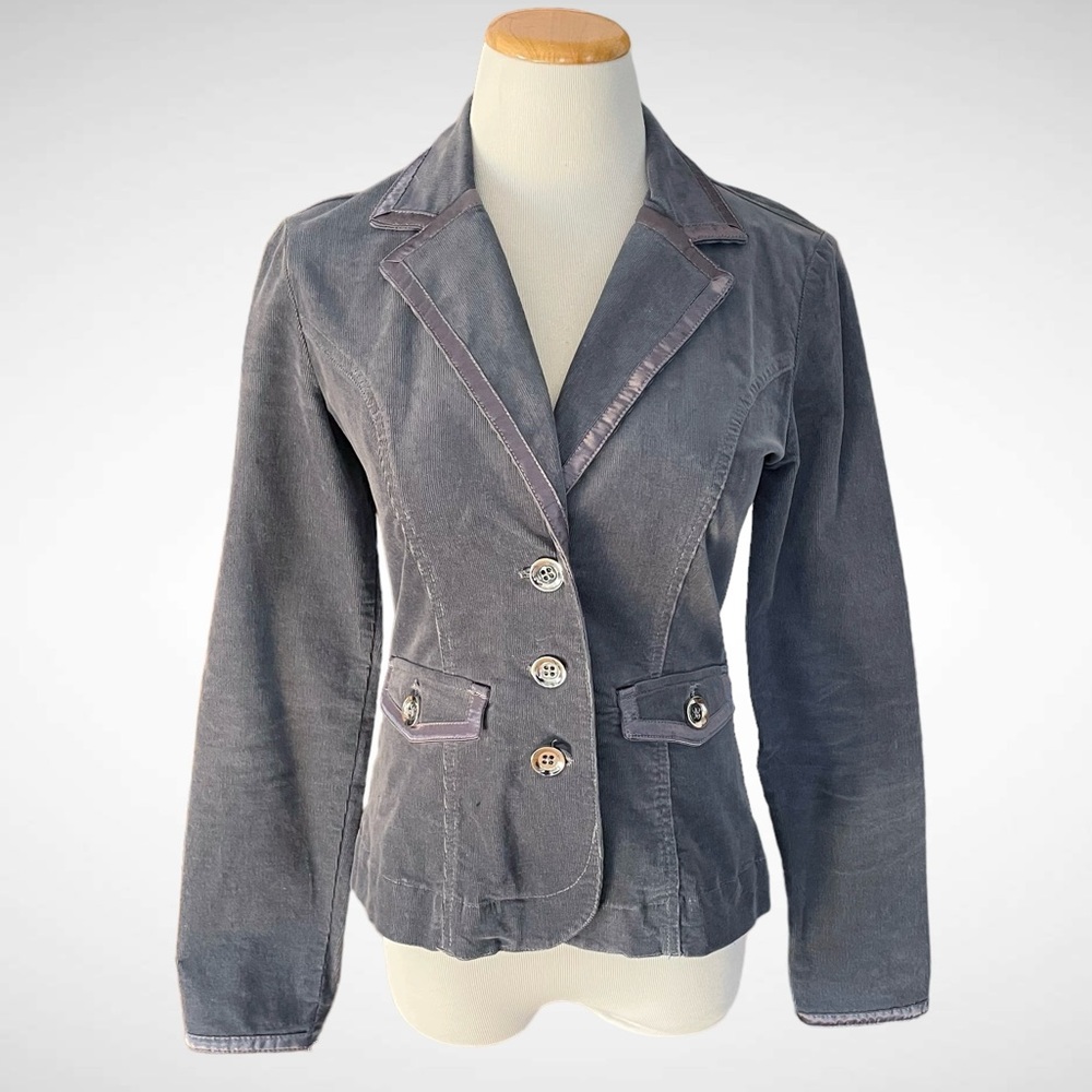 WHBM Gray Corduroy Jacket Single-Breasted with Contrasting Satin Trim